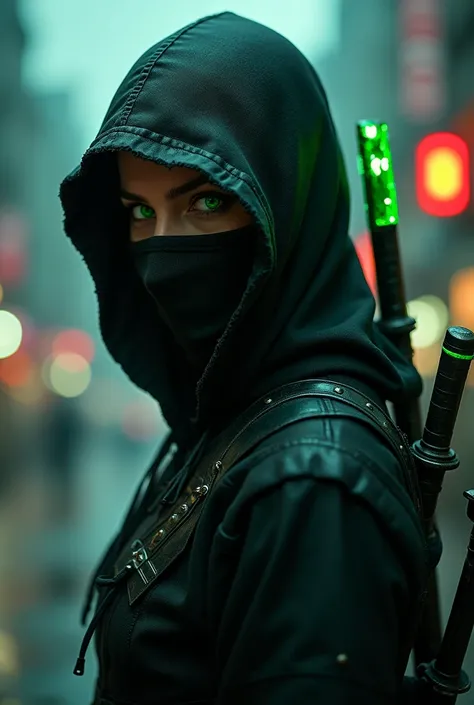 ((dark urban ninja by Caravaggio)) ((shadowy assassin with a sleek, athletic build)), torso only, ((gazing intensely at the viewer)), sharp green eyes peeking through her mask, detailed facial features showing determination and stealth, wearing black and g...