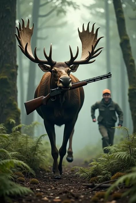 A moose with a rifle chasing a hunter in the woods. 