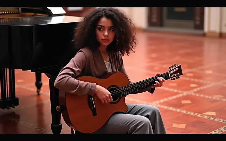 Une fille 18 ans métisse cheveux bouclés haut marron collant a manches longues. Collants. joue de la guitare collier papillon blanc assise sur une enceinte. Parquet mosaïque. Piano a queue derrière elle. Il fait nuit