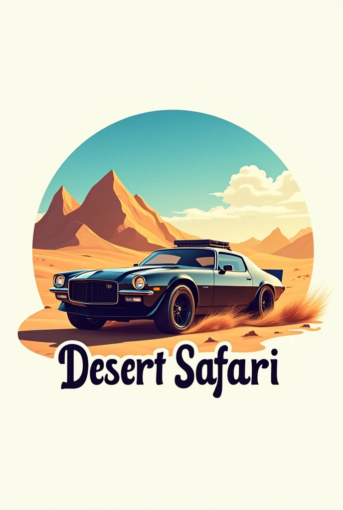 Design a logo featuring a stylish desert  landsacape Like in dubai and dessert car and a nice color and day time incorporating the name "Desert Safari" in bold, adventurous typography. And without anyone promotion in logo only name is desert safari 