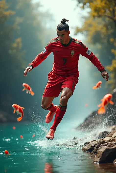 Illustrate Cristiano Ronaldo in his red jersey leaping over a crystal-clear river, with magical fish jumping alongside him, showcasing his agility and determination.