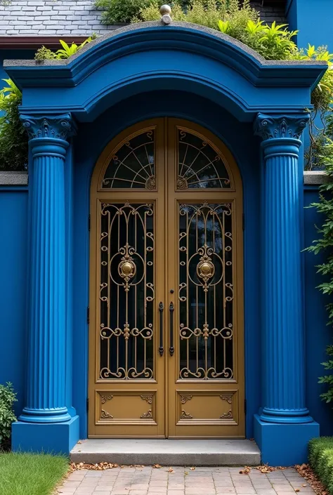 a house entrance with a deep blue wall and a gate painted in antique gold