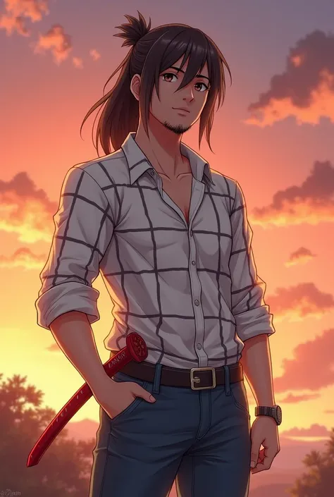 Anime style realistic of a little bit muscular 1 teenager with long dark brown bun hair with a tiny beard white plaid shirt with a jean , he has a red katana and dark eyes in a decor of sunset