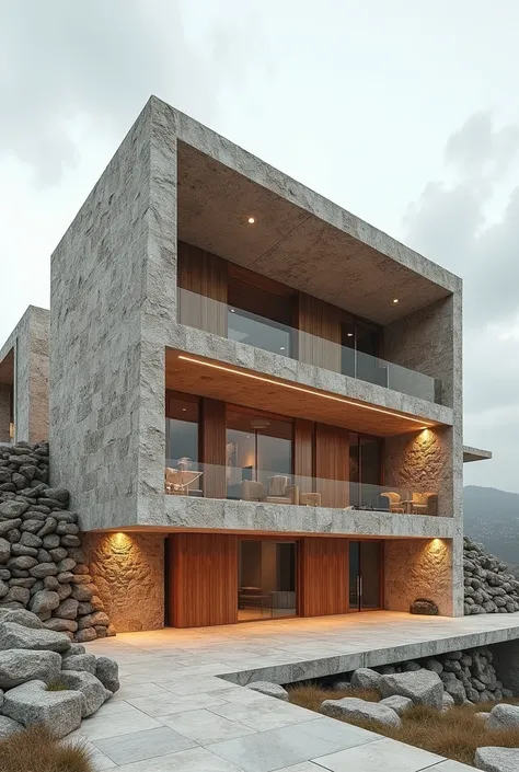 architectural design,Modern architecture inspired by ancient ruins, Combining stone and wood, Vast exterior