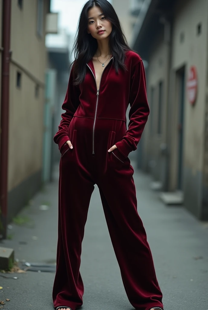 A young Japanese woman wearing velvet tracksuit stands with her legs spread and her hands in her pockets.