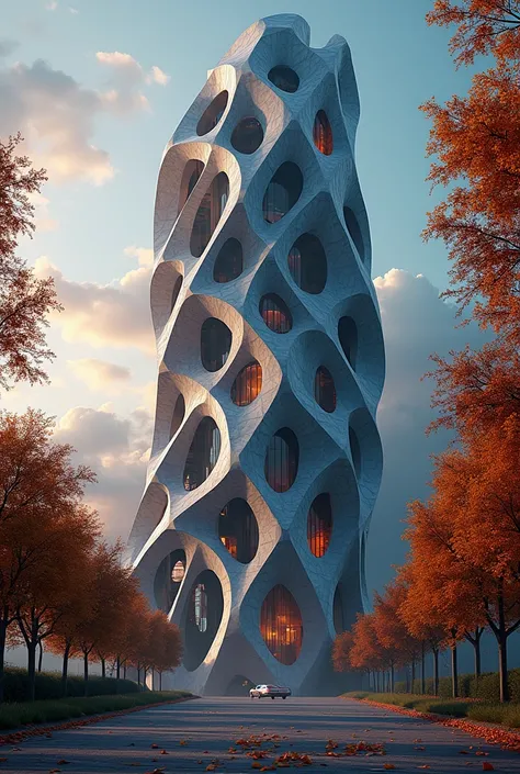 a Surrealing towering and distorted skyscraper, complex fractal patterns, dreamlike and abstract, arches, intricate geometric shapes, futurism, vibrant and eye-catching colors, autumn time, dusk, dramatic camera angles, movie depth of field, volume lightin...