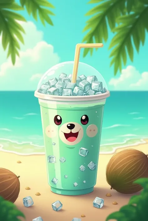 Refreshing young coconut water drink
In a plastic cup and cartoon character Fido dido is drinking it
The color of the water is less milky and lots of ice. Background is more on green and beach 