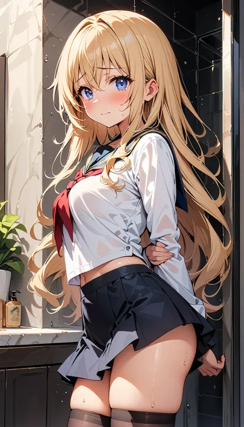 (curvy, medium breasts, tented shirt), (Sticky Sailor uniform, mini skirt), ((1girl, Priestess (goblin slayer!), goblin slayer!)), beautiful detailed eyes, blue eyes,(cute eyes), black thigh highs, arms behind back, (Carving Waistline), Shower room, (cowbo...