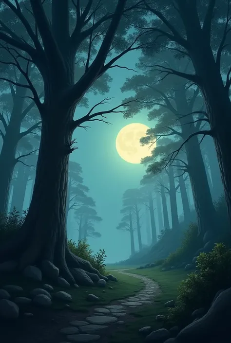 A conceptual nature picture where the tress are blowing and the moon is shinning 