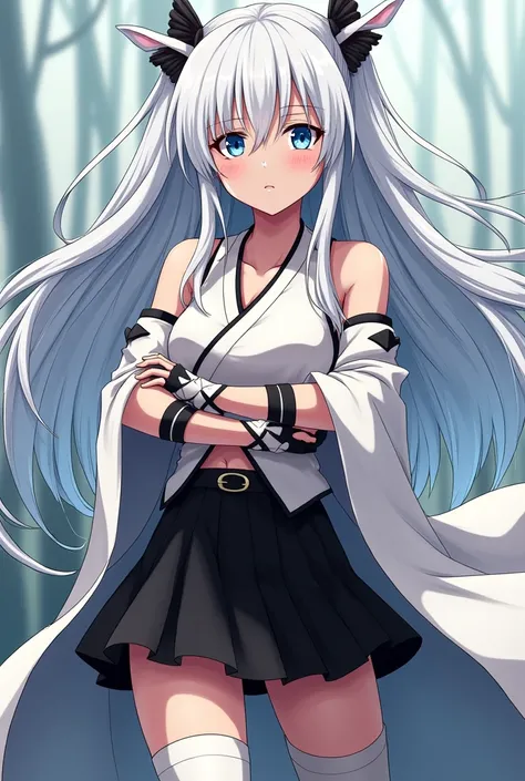 Name: Kiara. Gender: Female. Age: 19. Appearance: White hair to the waist, blue eyes, a mole above the lip. Clothes: Black miniskirt, black boots above the knees, a black tank top with white stripes, and fingerless gloves are also black up to the elbows. B...