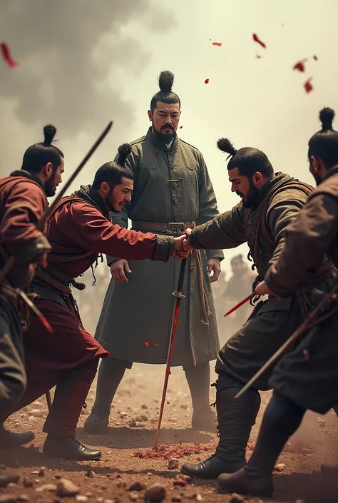 Bloody fight where 6 soldiers of the Qing dynasty. General Qianlong is surrounded. One of the soldiers is seriously injured with a sword piercing his leg. 