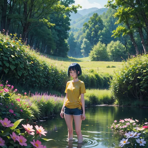 1 girl, Short hair, Blue Hair, Look at the audience, Wearing a wet yellow t-shirt, shorts, Standing in the stream, Field of flowers, dark forest, vine, mountain