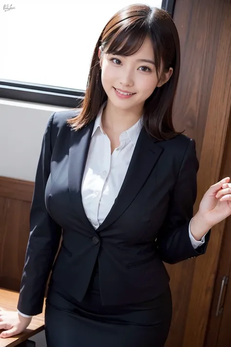 (detailed face), Very fine and delicate eyes, Clean and shiny lips, (One girl), young woman, BREAK (business suit & Pencilskirt:1.4), (chubby:1.2), secretary,Office Lady,(front),Beautiful hip line, (smile,Happy:1.2),desk work,Close your mouth,(huge Breasts...