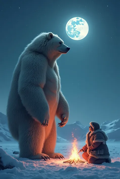 Shamanic bear next to an Eskimo praising the universe on the ice of Antarctica by a campfire with the moon emanating rainbow-colored energy 