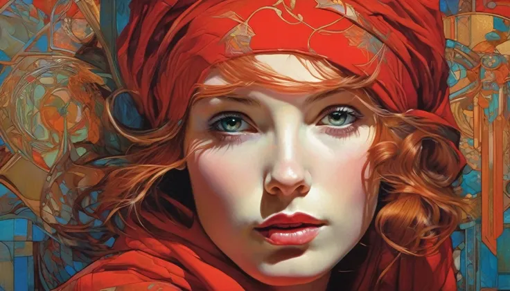 painting of a woman with a red head scarf and a red scarf, craig mullins alphonse mucha, martin ansin artwork portrait, inspired by James C. Christensen, centered portrait, mucha klimt and tom bagshaw, hyperrealistic art nouveau, artgerm and craig mullins,...