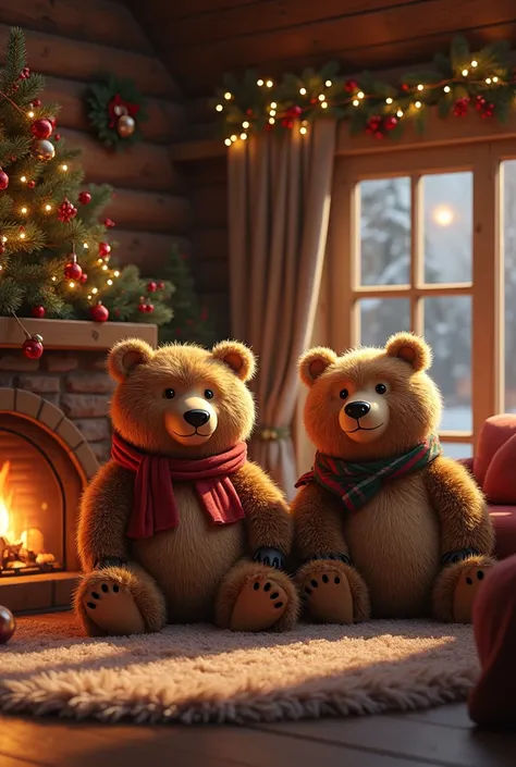 Two bears in a brightly lit Christmas cabin with a 