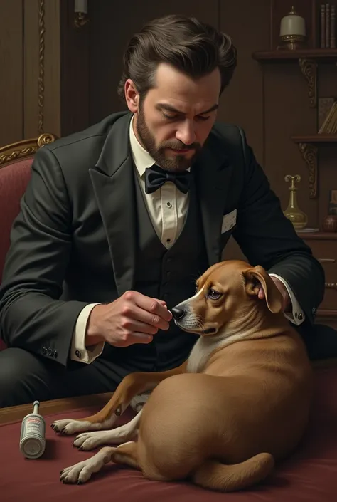 A dandy man taking care of a sick dog
