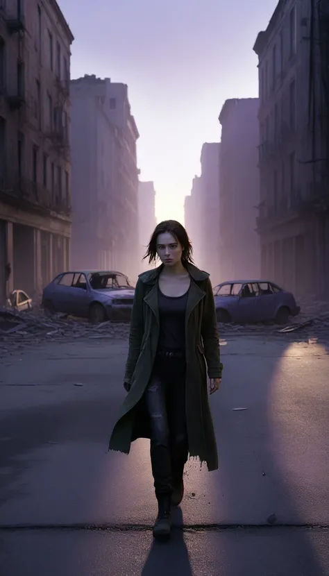 A desolate, ruined city at dawn, with the faint purple hues of the sky casting an eerie glow over the streets. Broken buildings, shattered windows, and overturned cars fill the scene. A 2 woman, Ava, walks cautiously through the empty streets, gripping a j...