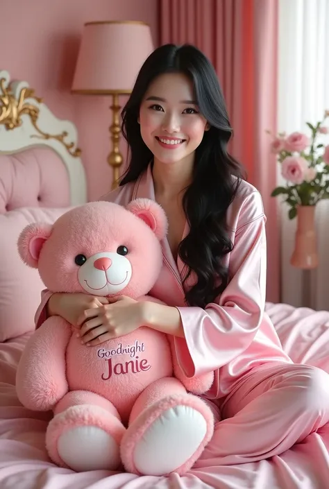 A realistic  images of beautiful sweet smile Asian woman, white skin ,long long black wavy hair, wearing shiny royal-pink terno pajamas suit,shes hugged a royal pink giant teddybear with name "Goodnight Janie " written on it,sitting on shiny pink bed with ...