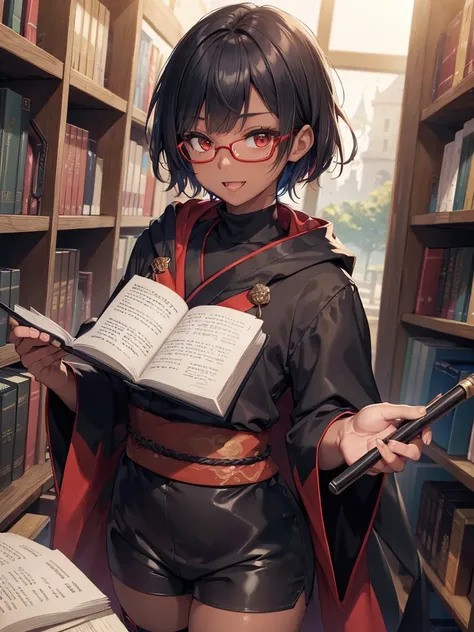 (masterpiece:1.2), highest quality, High resolution, unity 8k wallpaper, (fine and beautiful eyes), highly detailed face, Detailed CG,(boy wizard),(yukata),(blunt_bangs),,(evil smile),(black sleeveless turtleneck shirt in yukata), ,red bike shorts,(dark sk...