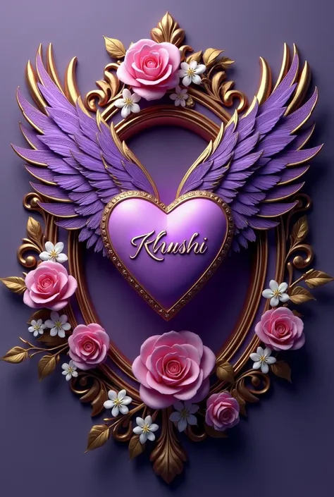 A mesmerizing 3D render of an opulent and enchanting design, featuring a breathtaking purple heart inscribed with the name "Khushi" in elegant script. The heart, adorned with golden edges, captivates with its feathers that blend rich purple hues with shimm...