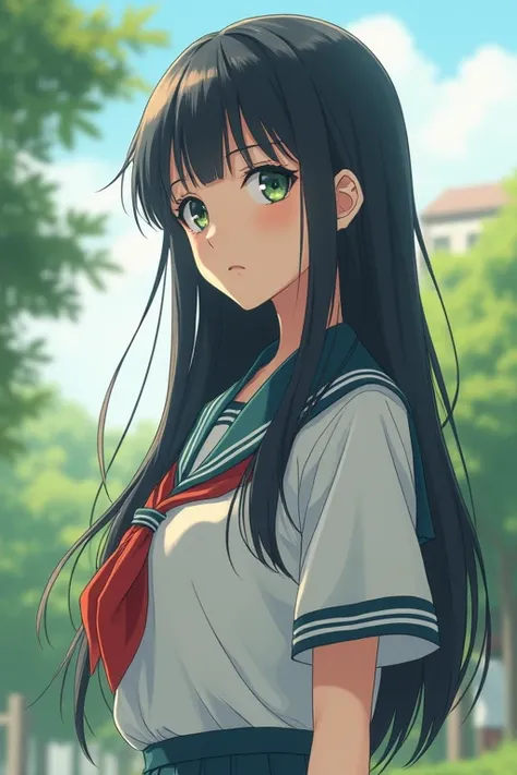 ((Best Quality)), ((masterpiece)), (detailed),A woman with a very beautiful face，
beautiful girl、Cute high school student，Cute giant woman with long hair，　Hime cut, wearing a very cute school uniform，
Big Breasts　Busty，Super tall giant，
Outdoors A giant wo...