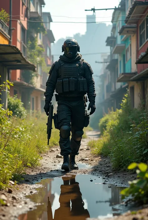 A soldier with blak loadout in a dystopian post-apocalyptic colorful city overgrown with vegetation, reflective puddle, bright sunny day, realistic, highly detailed, 8k, cinematic lighting, octane render