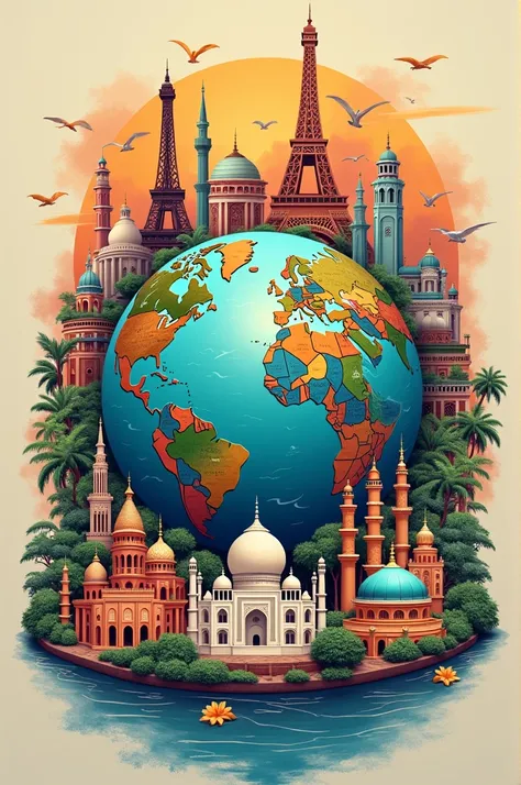 make me a unique and beautiful poster that represent the hospitality and tourism industry. The poster content should have peace , different cultures, landmarks, and tradition that showcase global diversity. The poster should have globe in the middle 