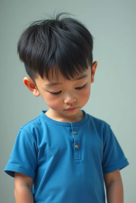  cute boy north coria blue  shirt and hands of the down face