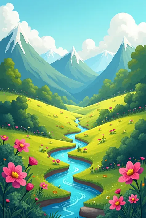 Various 2D backgrounds , in cartoon containing mountains flowers bushes, as the scenario moves forward  