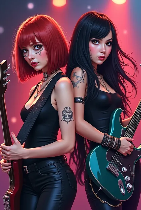 cover of a music group, two girls on stage with electric guitars, the first Slavic girl with short red hair and brown eyes with piercings on her eyebrow and lip, the second girl is an asian with dark long hair and dark eyes in a drawn style