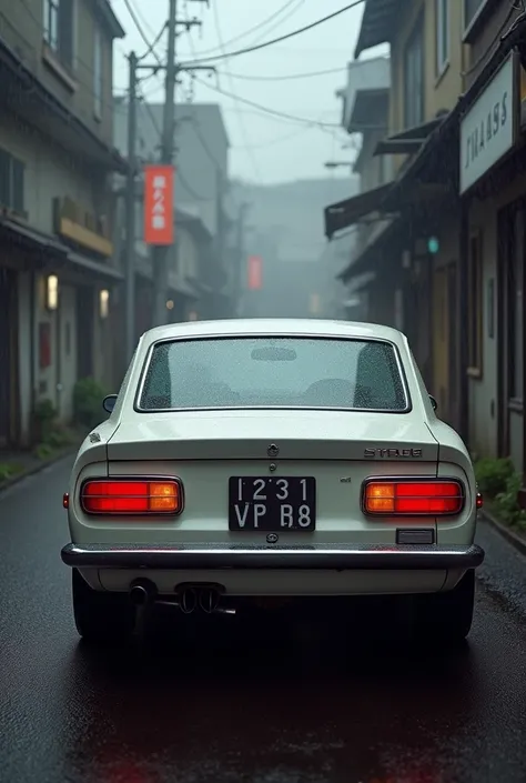 4k Full HD, Fabulous, 1972 Nissan Gc10 Skyline 2000GTR Hardtop aka Hakosuka GT-R painted pearl white posing on a abondoned looking japanese outterskirt Back Alley, Rain, The tail view, taillights are on, Beatifull, accurate factory stock look, no error, no...