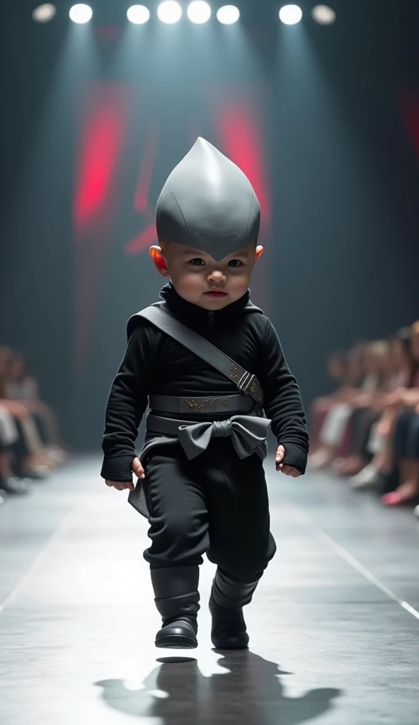 Baby at a fashion show walking down the catwalk cosplaying as the character Jiren from Dragon Ball Super , photo in 8k, in action, cinematic.