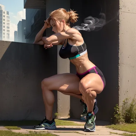 arafed woman in a sports bra top squatting on a paved area, squatting pose, side view of her taking steps, strong legs, fit woman, stretch, toned legs, stretching her legs on the grass, squatting, fit girl, athletic muscle tone, legs and arms, attractive s...