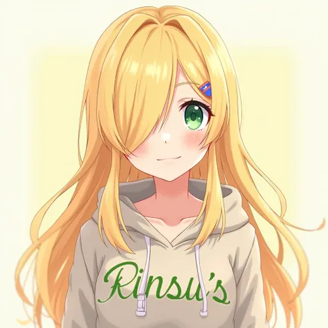 Blonde long hair,Bangs covering one eye,solo,Green Eyes,One girl,smile, Hoodie with Rinsu&#39;s lettering,anime,anime風,picture,