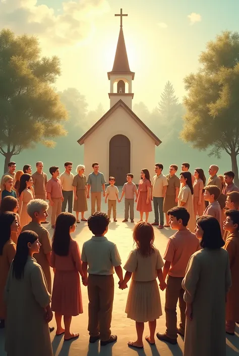 People soround the church holding hands together