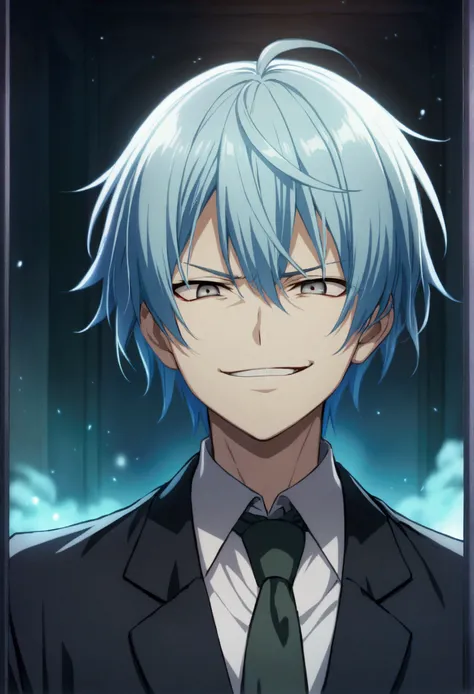 1boy, light blue hair with a white streak, short hair, gray eyes, male school uniform,  evil smile, CG