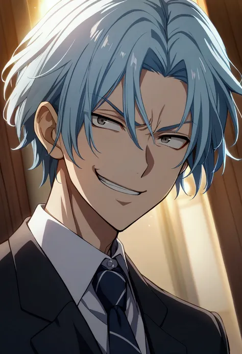 1boy, light blue hair with a white streak, short hair, gray eyes, male school uniform,  evil smile, CG