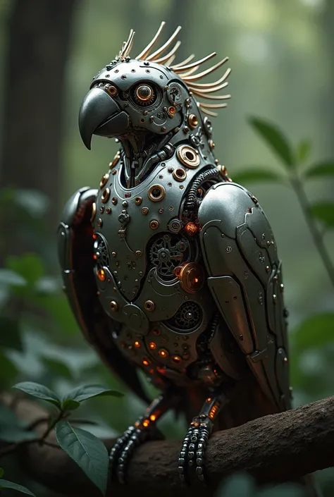 Best quality)), ((Masterpiece)), (Very detailed: 1.3), 8K, Mechanical Parrot: All-Mechanical Bird, Extremely Detailed, Ultra Detailed A stunningly realistic, all-mechanical parrot perches majestically on a branch, its every component meticulously crafted w...