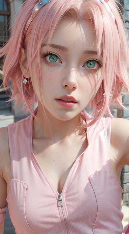 young woman, peach skin, short pink hair, wide forehead, big green eyes, buttoned nose, big pink lips, slender body, small breasts, medieval period clothing, deep neckline, Sakura Haruno, 3d