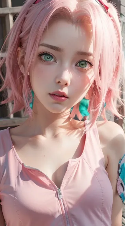 young woman, peach skin, short pink hair, wide forehead, big green eyes, buttoned nose, big pink lips, slender body, small breasts, medieval period clothing, deep neckline, Sakura Haruno, 3d