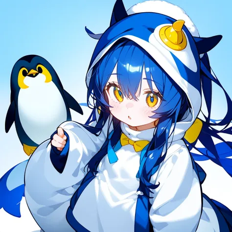 a cute girl wearing an emperor penguin costume、look up、