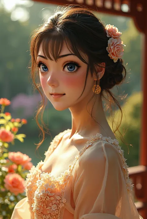 1 girl, beautiful detailed eyes, beautiful detailed lips, extremely detailed eyes and face, long eyelashes, flowing hair, intricate hairstyle, delicate facial features, serene expression, elegant dress, lace, floral patterns, sunlit garden, ornate gazebo, ...