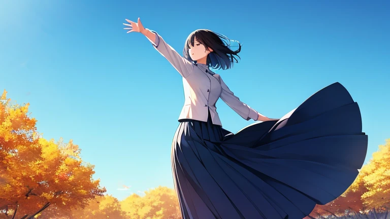 Under the clear autumn air and blue skies、A scene in which a woman in a pleated skirt strikes a powerful pose with her hands raised high。The blue sky stretching out in the distance and her movements、Symbolizing a vibrant autumn day。