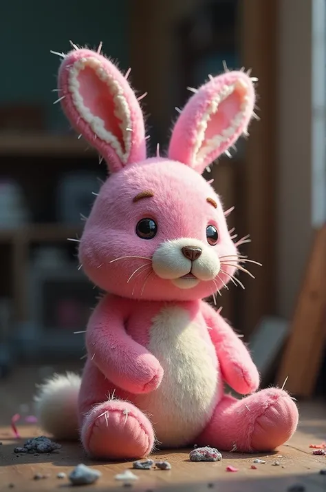 A pink bunny toy is disintegrating