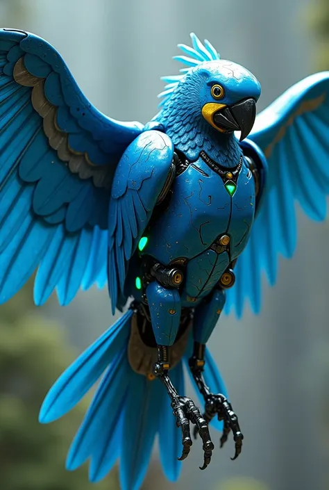 Create an image of a robot blue macaw, with shiny metallic feathers that mimic the texture of real feathers. The robot must have a futuristic design, with visible joints and blue and green LED lights. The macaw should be in a vibrant pose, com as asas aber...