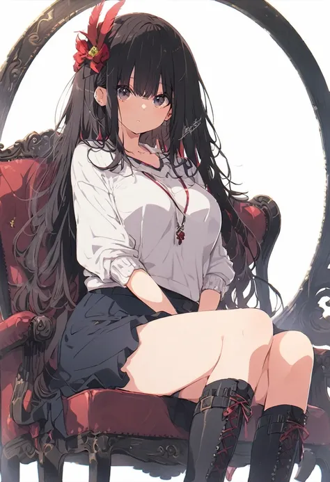 Girl　Long black hair　Dark Eyes　sweater　skirt　Feather on the left side of the head　Big Breasts　Expressionless　Left arm exposed　Sitting in a chair、Married Woman、ミニskirt、Long boots、