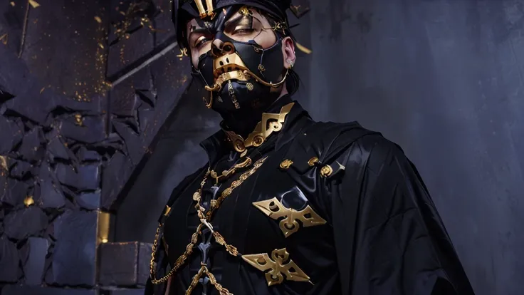 there is a man in a black suit and gold chain around his neck, in jojos bizarre adventure, ainz ooal gown, highley detailed face, black and golden armor, black and gold armor, in dark robes with gold accents, gold obsidian armor, portrait of ninja slayer, ...