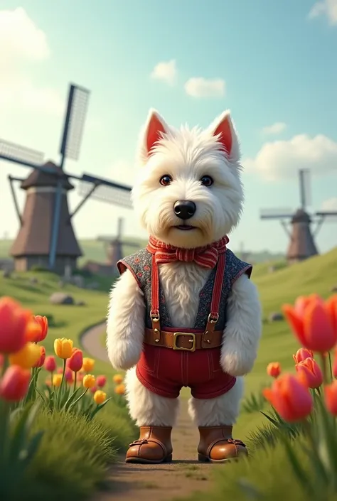 Westie in Dutch costume with wooden shoes in front of windmills 