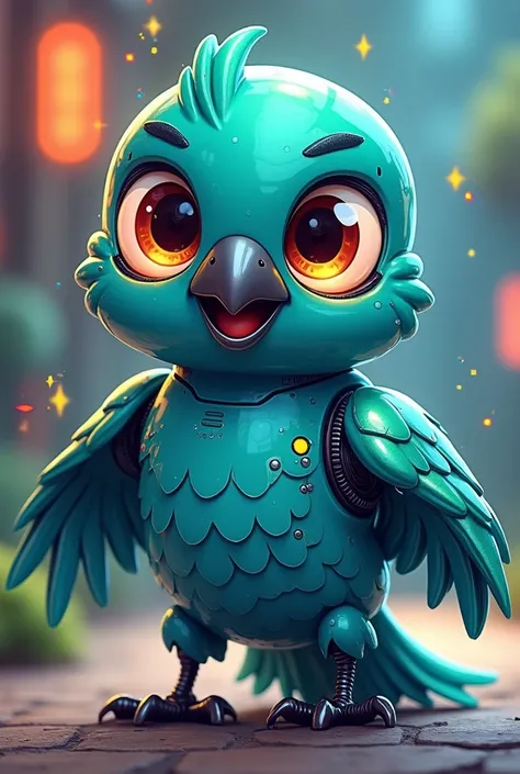 
Create a cartoon-style robot blue macaw image, with shiny metallic feathers and vibrant colors of blue and green. Design should be fun and stylish, with rounded shapes and large, expressive eyes. The macaw should be in a happy pose, with open wings and a ...